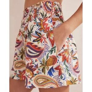 Boden Linen Shirred Waist Paisley Shorts Ivory Conversational Print, Size‎ 20